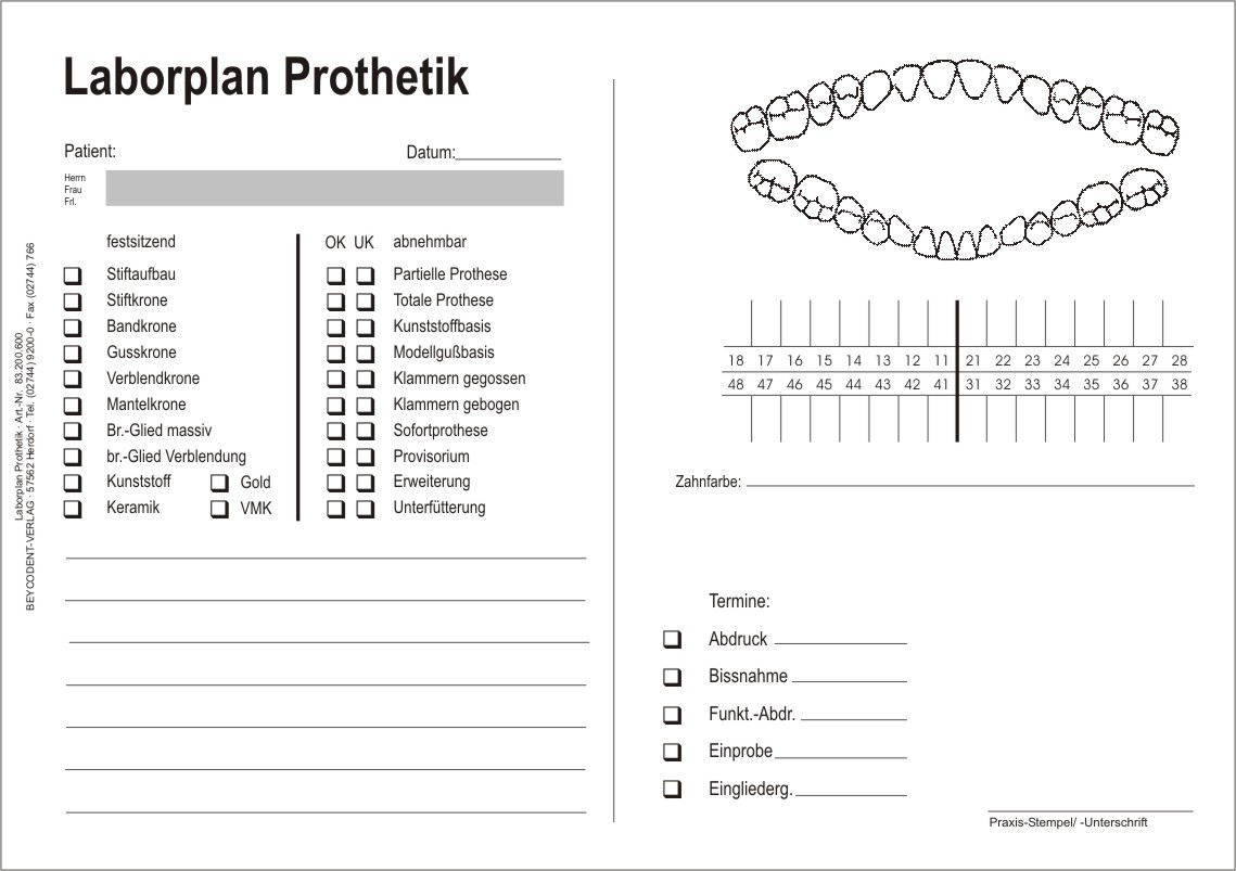 Laborplan Prothetik G Nstig Online Kaufen Dentalbedarf Bei Shop Dent De